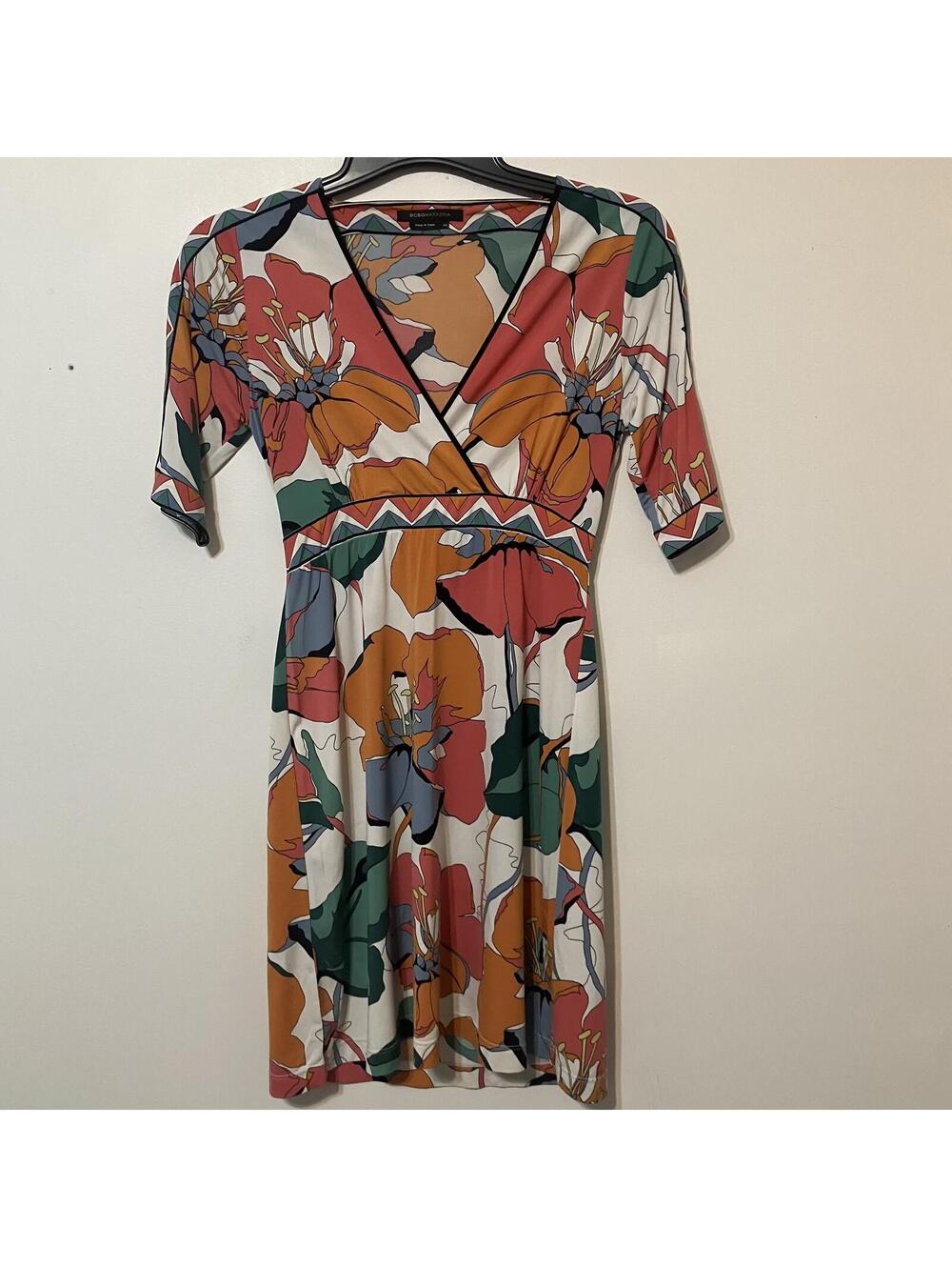 BCBG Artsy Floral Print Indie Hippie Cottagecore Short Sleeved Dress Size XS